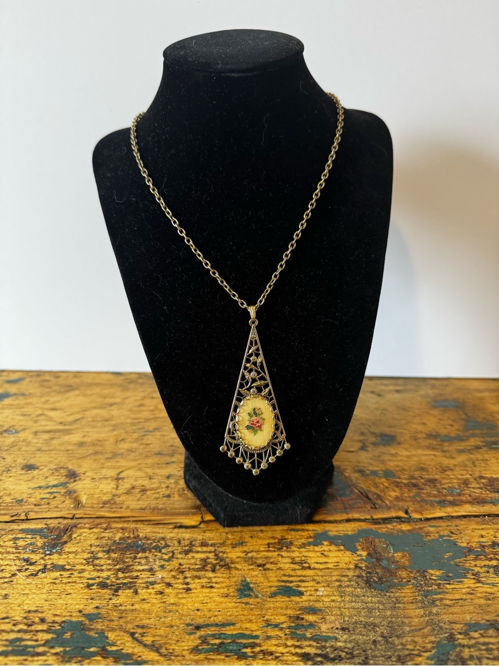 Vintage Floral Petit Point Pendant Necklace - Gold-Tone with Yellow Accent